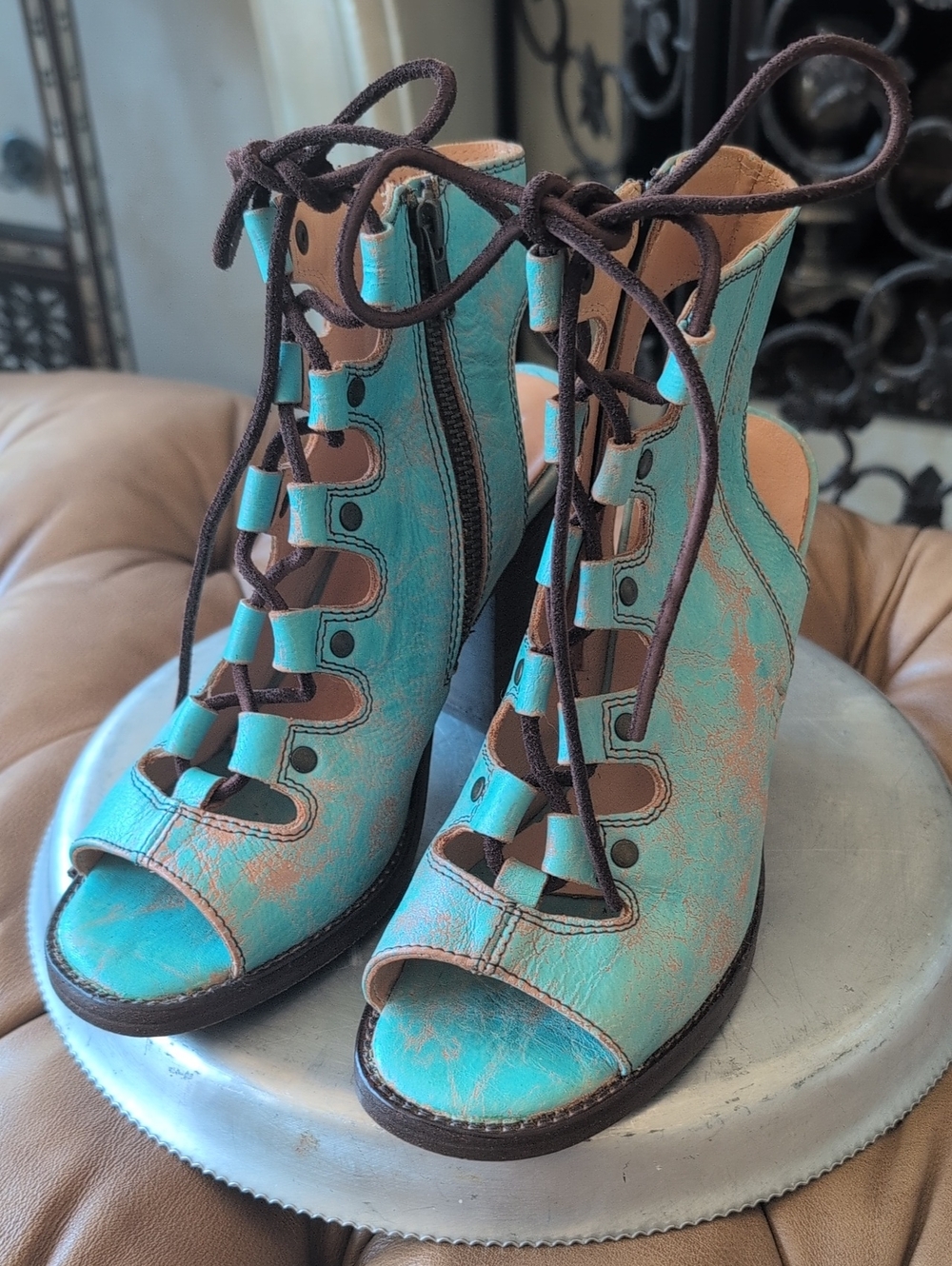 Bed Stu Osanna Turquoise Lace-Up Open Toe Boots